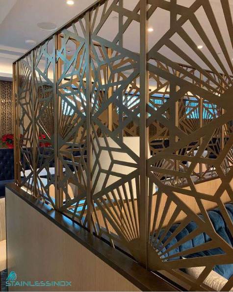 Interior of a room with a metal screen and a couch